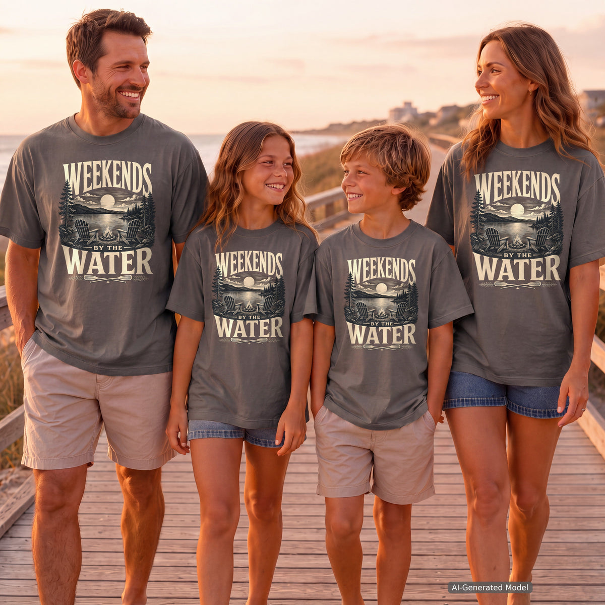 Weekends by the Water Youth Tee – Kids' Comfort Colors Lake Vacation Shirt in Pepper – worn on a family trip (AI-generated model photo)
