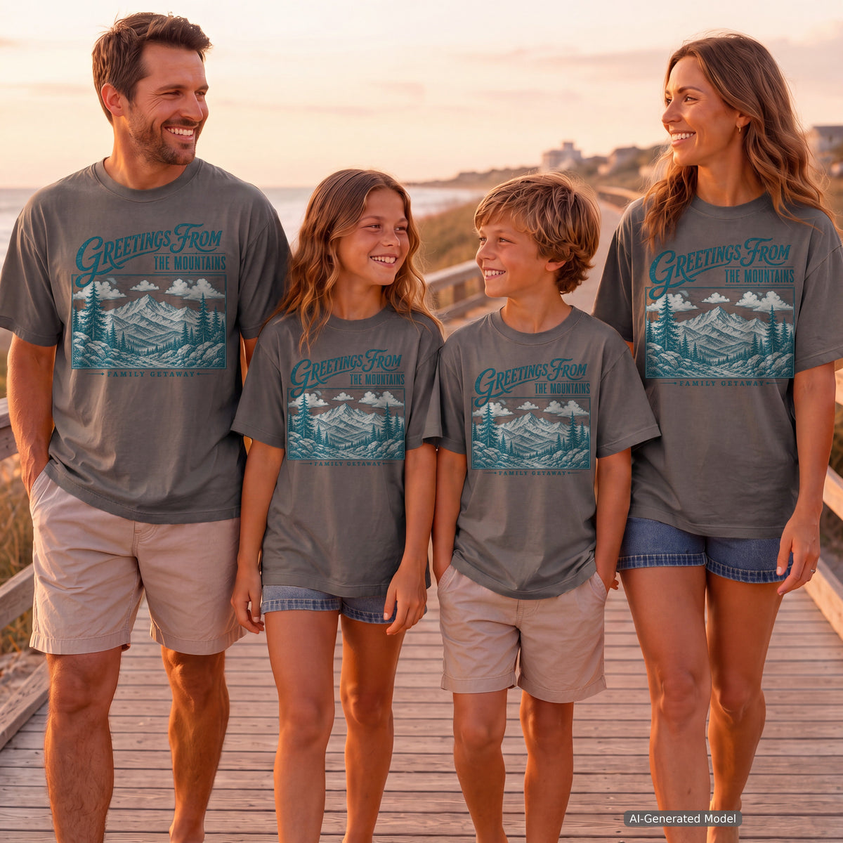 Greetings from the Mountains Family Getaway Youth Tee – Kids' Comfort Colors Cabin Weekend Shirt in Pepper – worn on a family trip (AI-generated model photo)