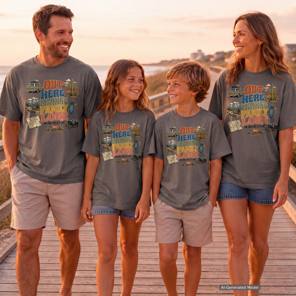 Out Here Making Family Lore Youth Tee – Kids' Comfort Colors Road Trip Shirt in Pepper – worn on a family trip (AI-generated model photo)