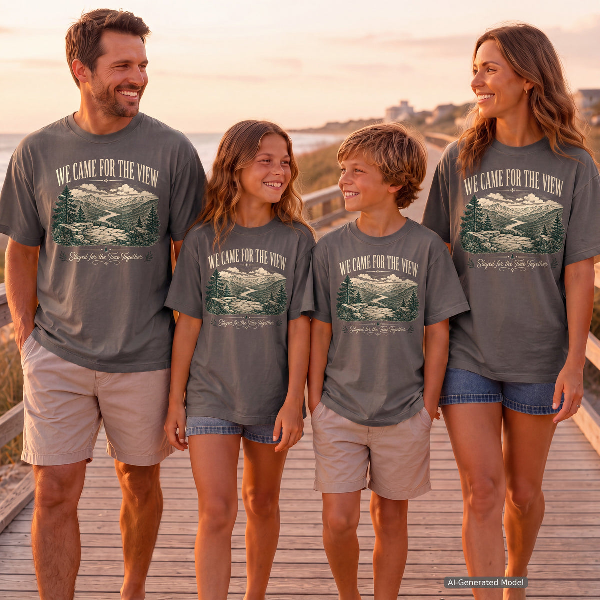 We Came for the View Youth Tee – Kids' Comfort Colors Mountain Adventure Shirt in Pepper – worn on a family trip (AI-generated model photo)