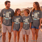 Same Friends Different Zip Code Youth Tee – Kids' Comfort Colors Family Travel Shirt in Pepper – worn on a family trip (AI-generated model photo)