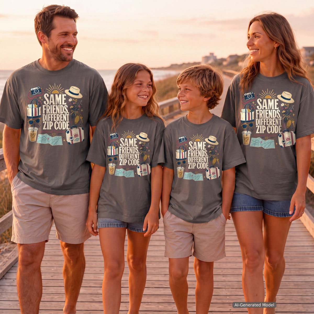 Same Friends Different Zip Code Youth Tee – Kids' Comfort Colors Family Travel Shirt in Pepper – worn on a family trip (AI-generated model photo)