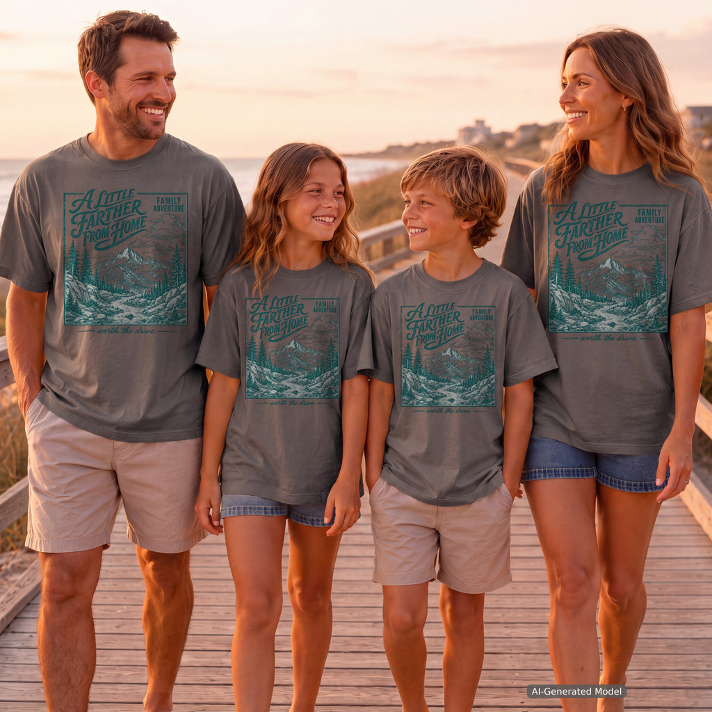 A Little Farther from Home Family Adventure Shirt in Pepper – worn on a family trip (AI-generated model photo)