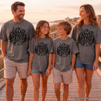 Road Trip Together Family Adventure Youth Tee – Kids' Comfort Colors Road Trip Shirt in Pepper – worn on a family trip (AI-generated model photo)