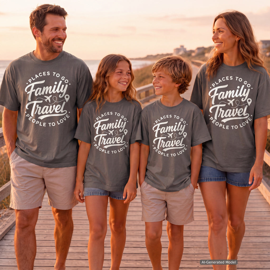Family Travel Places to Go People to Love Youth Tee – Kids' Comfort Colors Family Travel Shirt in Pepper – worn on a family trip (AI-generated model photo)