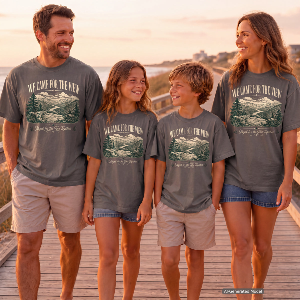 We Came for the View Mountain Adventure Shirt in Pepper – worn on a family trip (AI-generated model photo)