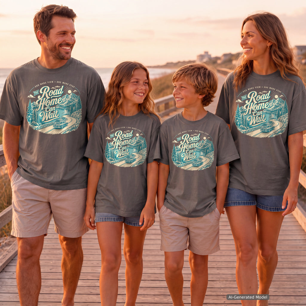 The Road Home Can Wait Road Trip Shirt in Pepper – worn on a family trip (AI-generated model photo)