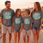 The Road Home Can Wait Road Trip Shirt in Pepper – worn on a family trip (AI-generated model photo)