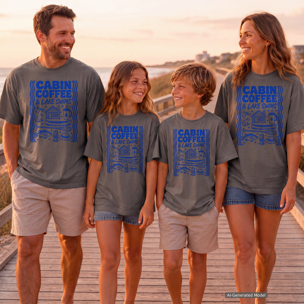 Cabin Coffee and Lake Swims Youth Tee – Kids' Comfort Colors Lake Vacation Shirt in Pepper – worn on a family trip (AI-generated model photo)