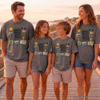Snacks Packed Seats Filled Youth Tee – Kids' Comfort Colors Road Trip Shirt in Pepper – worn on a family trip (AI-generated model photo)