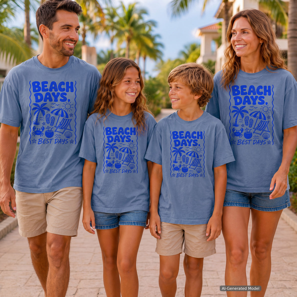 Beach Days Best Days Beach Vacation Shirt in Blue Jean – worn on a family trip (AI-generated model photo)