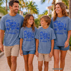 Sun On Shoes Off Beach Vacation Shirt in Blue Jean – worn on a family trip (AI-generated model photo)