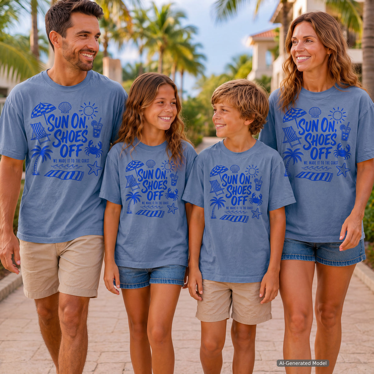 Sun On Shoes Off Beach Vacation Shirt in Blue Jean – worn on a family trip (AI-generated model photo)