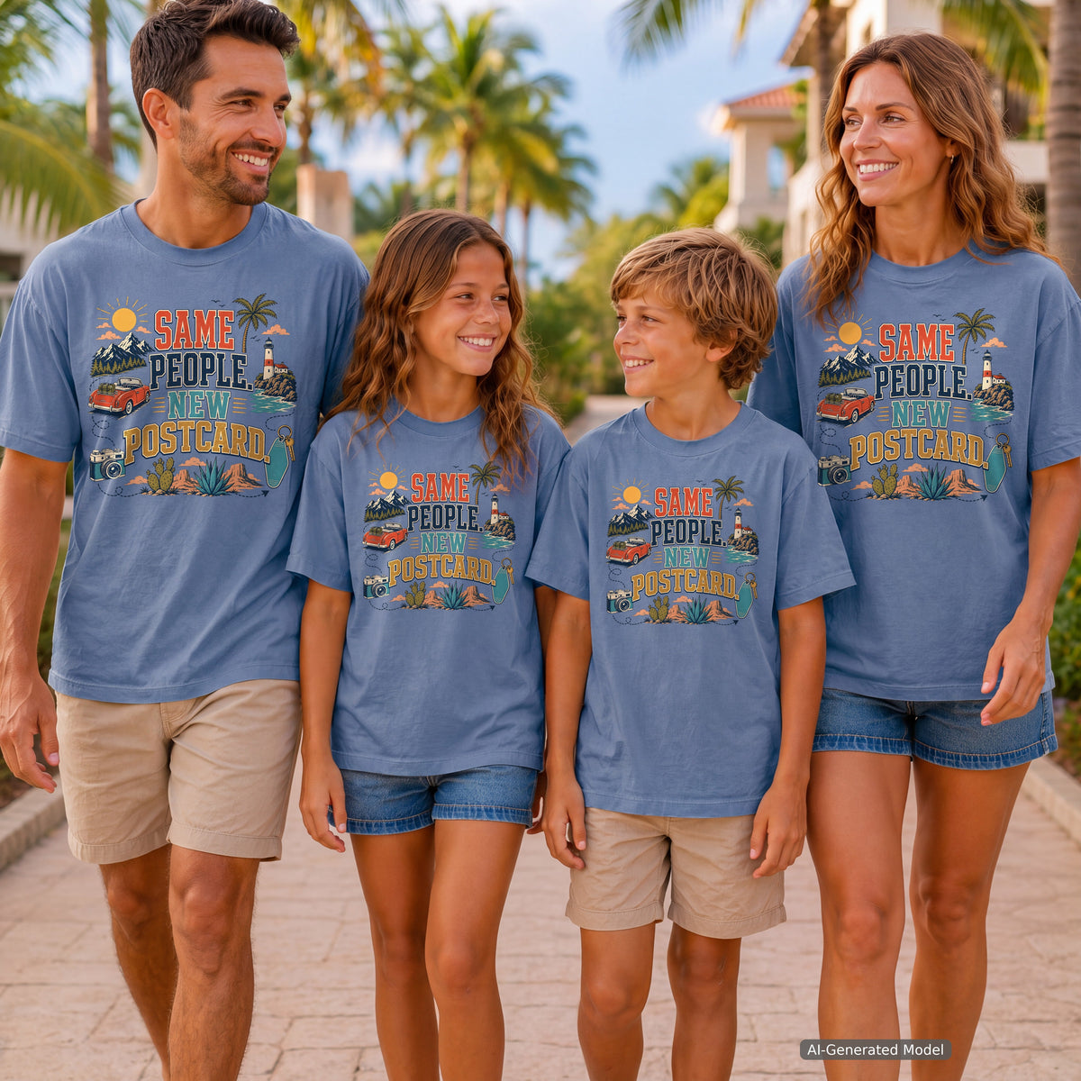 Same People New Postcard Youth Tee – Kids' Comfort Colors Road Trip Shirt in Blue Jean – worn on a family trip (AI-generated model photo)