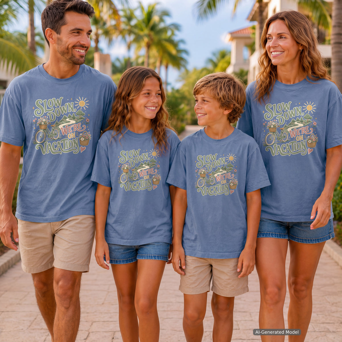 Slow Down We're on Vacation Youth Tee – Kids' Comfort Colors Travel Shirt in Blue Jean – worn on a family trip (AI-generated model photo)
