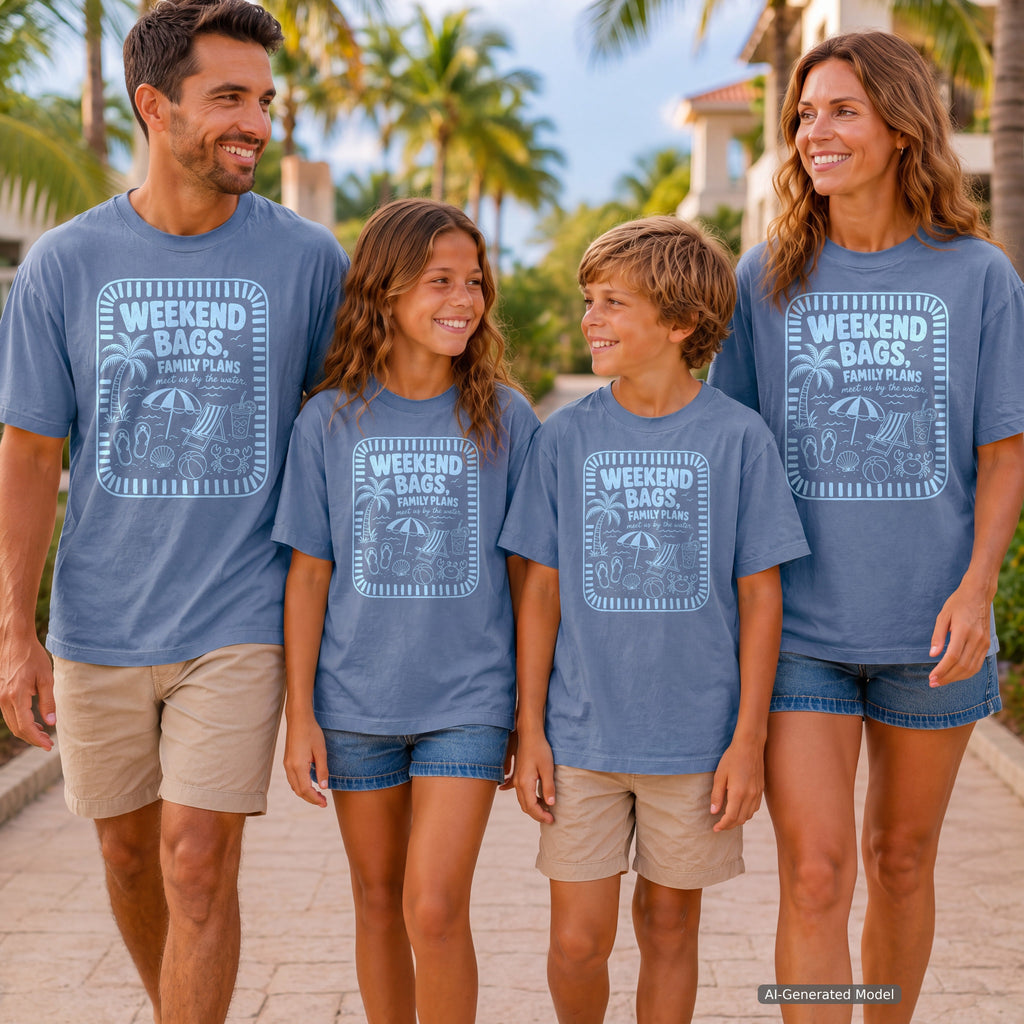 Weekend Bags Family Plans Youth Tee – Kids' Comfort Colors Beach Vacation Shirt in Blue Jean – worn on a family trip (AI-generated model photo)