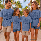 Salt Air Shared Snacks Youth Tee – Kids' Comfort Colors Beach Vacation Shirt in Blue Jean – worn on a family trip (AI-generated model photo)