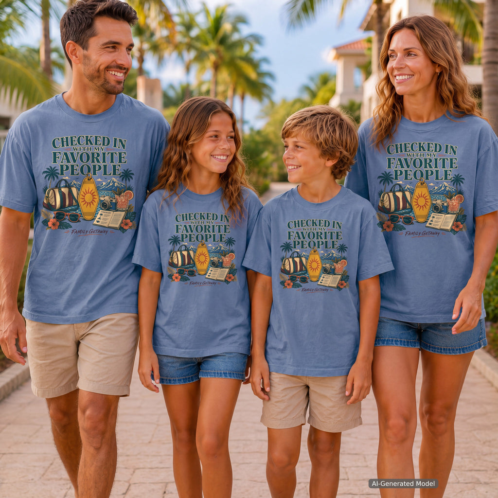 Checked In with My Favorite People Youth Tee – Kids' Comfort Colors Family Getaway Shirt in Blue Jean – worn on a family trip (AI-generated model photo)