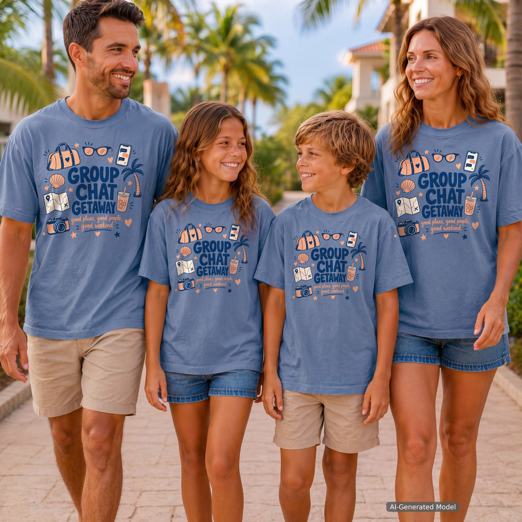 Group Chat Getaway Youth Tee – Kids' Comfort Colors Family Getaway Shirt in Blue Jean – worn on a family trip (AI-generated model photo)