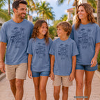 Shared Rooms and Ocean Views Girls Trip Shirt in Blue Jean – worn on a family trip (AI-generated model photo)