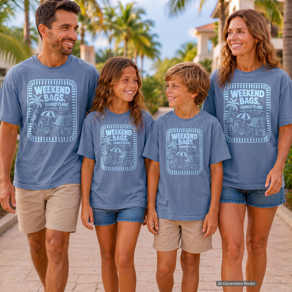 Weekend Bags Family Plans Beach Vacation Shirt in Blue Jean – worn on a family trip (AI-generated model photo)
