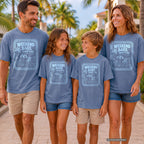 Weekend Bags Family Plans Beach Vacation Shirt in Blue Jean – worn on a family trip (AI-generated model photo)