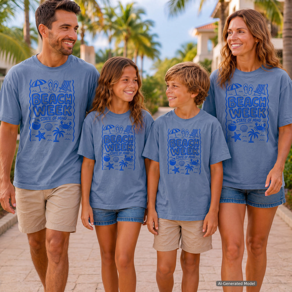 Beach Week State of Mind Youth Tee – Kids' Comfort Colors Beach Vacation Shirt in Blue Jean – worn on a family trip (AI-generated model photo)