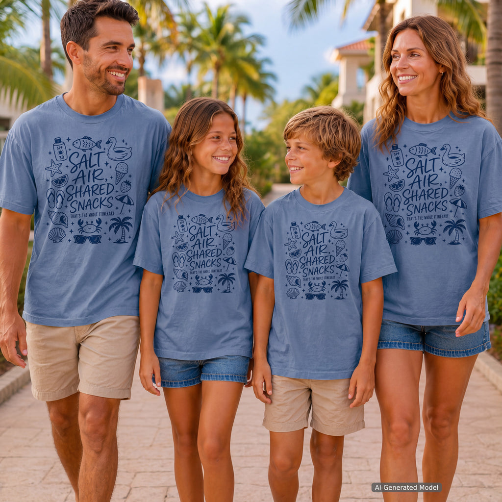 Salt Air Shared Snacks Beach Vacation Shirt in Blue Jean – worn on a family trip (AI-generated model photo)