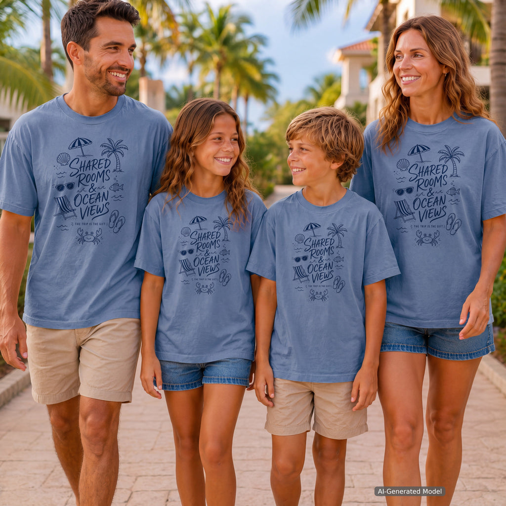 Shared Rooms and Ocean Views Youth Tee – Kids' Comfort Colors Family Travel Shirt in Blue Jean – worn on a family trip (AI-generated model photo)
