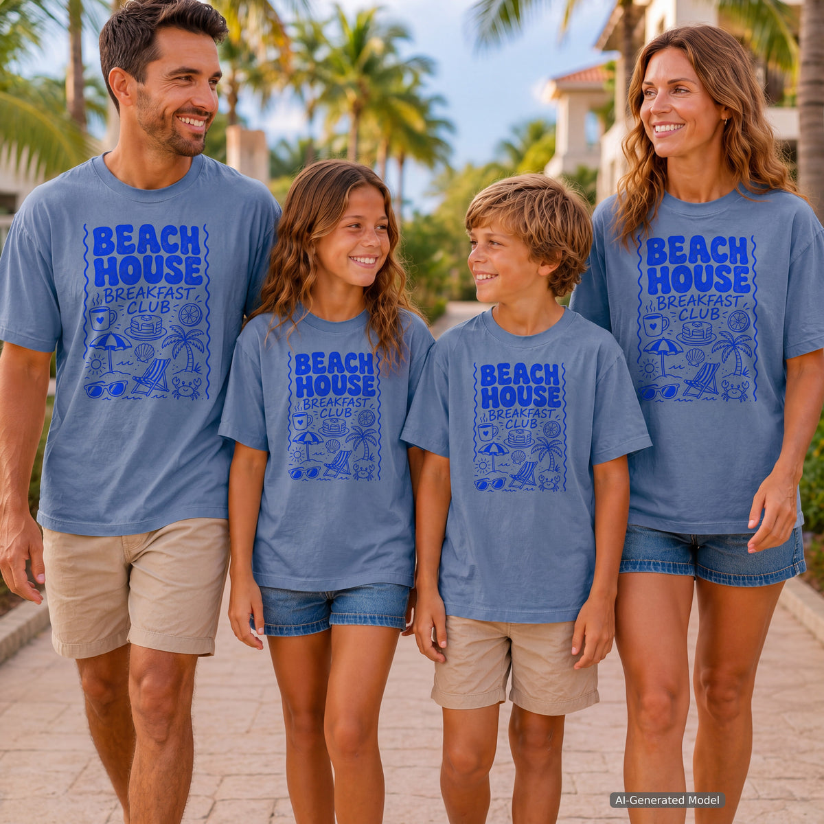 Beach House Breakfast Club Youth Tee – Kids' Comfort Colors Beach Vacation Shirt in Blue Jean – worn on a family trip (AI-generated model photo)