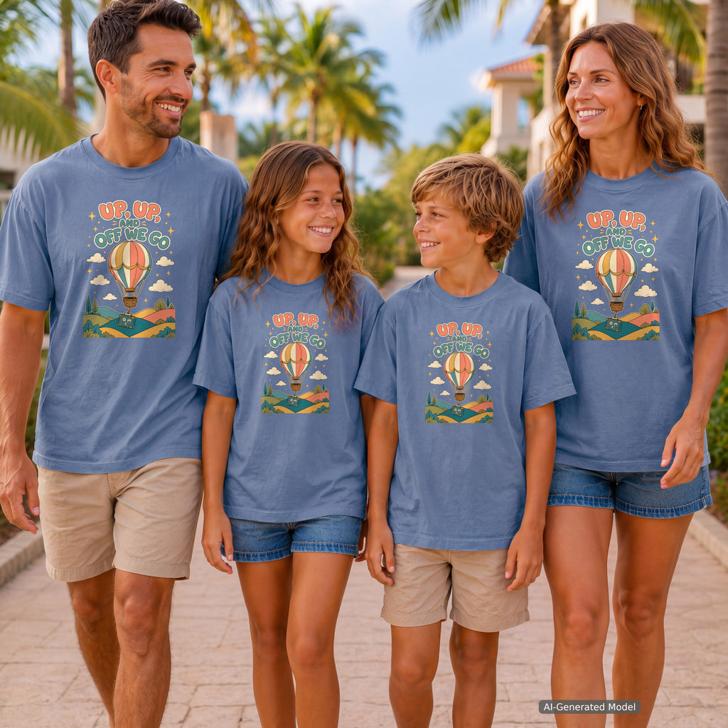 Up Up and Off We Go Youth Tee – Kids' Comfort Colors Hot Air Balloon Shirt in Blue Jean – worn on a family trip (AI-generated model photo)