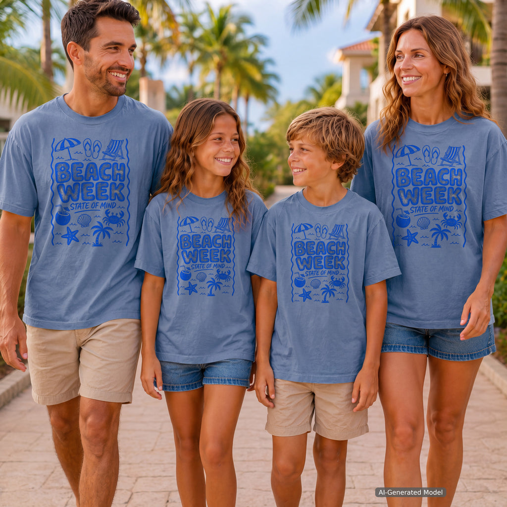 Beach Week State of Mind Beach Vacation Shirt in Blue Jean – worn on a family trip (AI-generated model photo)