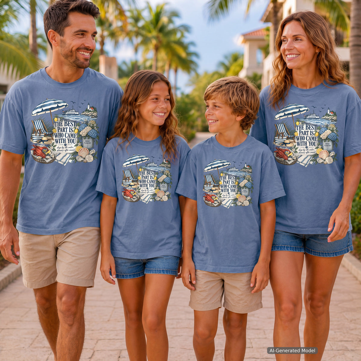 The Best Part Is Who Came with You Youth Tee – Kids' Comfort Colors Beach Vacation Shirt in Blue Jean – worn on a family trip (AI-generated model photo)
