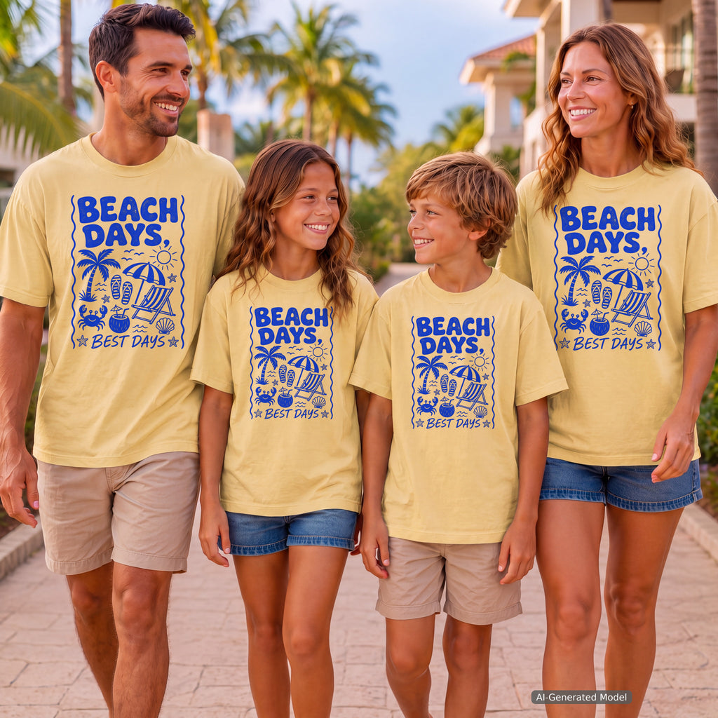 Beach Days Best Days Beach Vacation Shirt in Butter – worn on a family trip (AI-generated model photo)