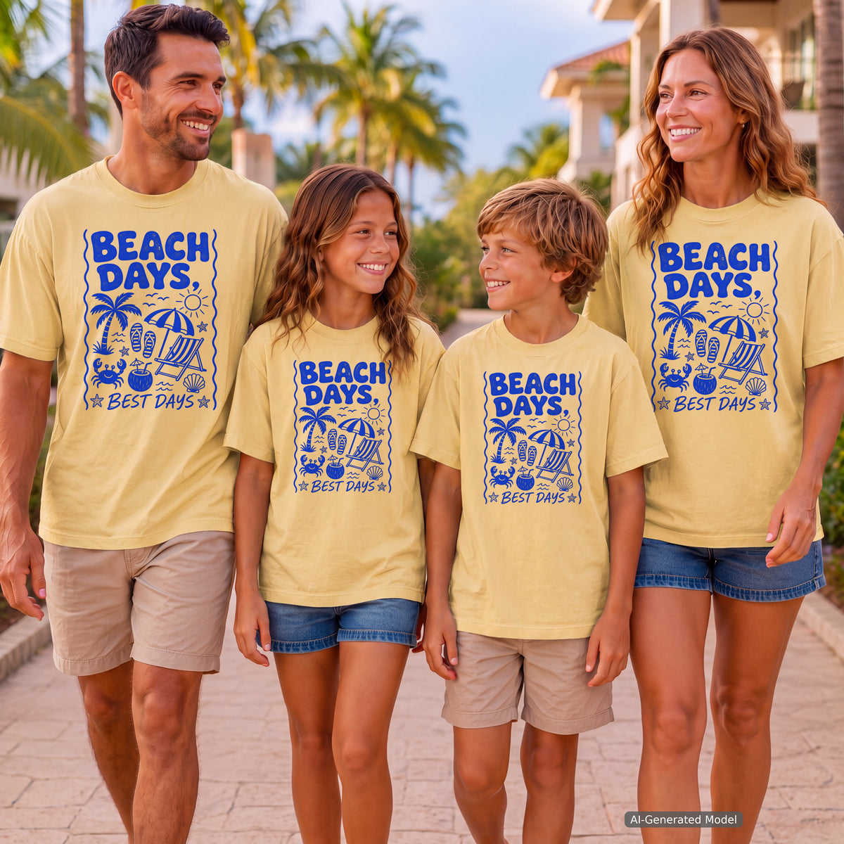 Beach Days Best Days Beach Vacation Shirt in Butter – worn on a family trip (AI-generated model photo)