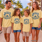 Family Beach Weekend Youth Tee – Kids' Comfort Colors Beach Vacation Shirt in Butter – worn on a family trip (AI-generated model photo)