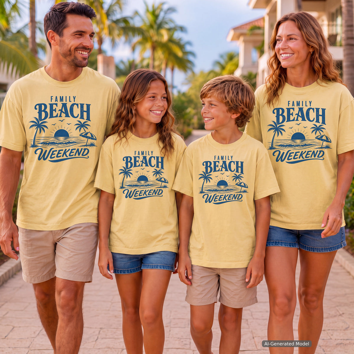 Family Beach Weekend Youth Tee – Kids' Comfort Colors Beach Vacation Shirt in Butter – worn on a family trip (AI-generated model photo)
