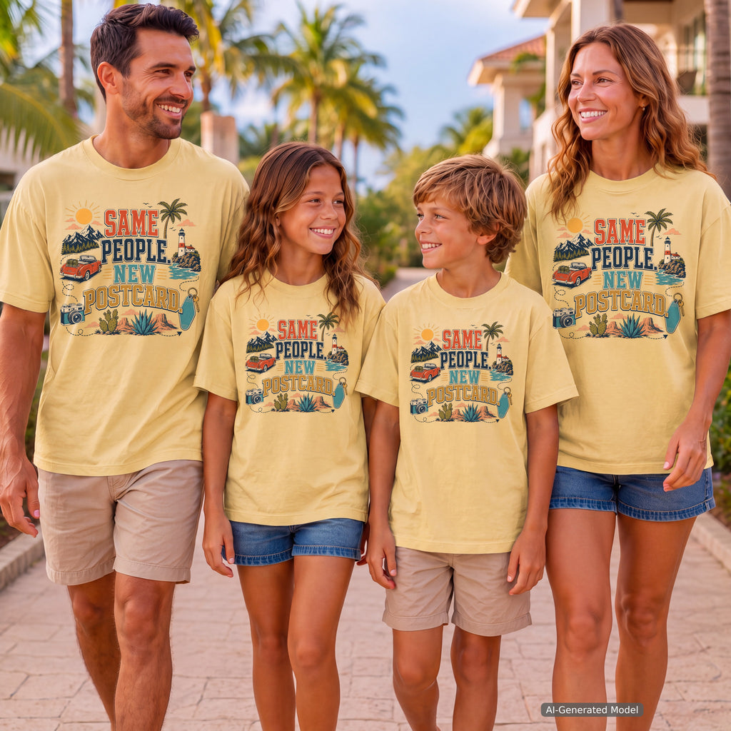Same People New Postcard Road Trip Shirt in Butter – worn on a family trip (AI-generated model photo)
