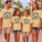Family Beach Weekend Shirt in Butter – worn on a family trip (AI-generated model photo)