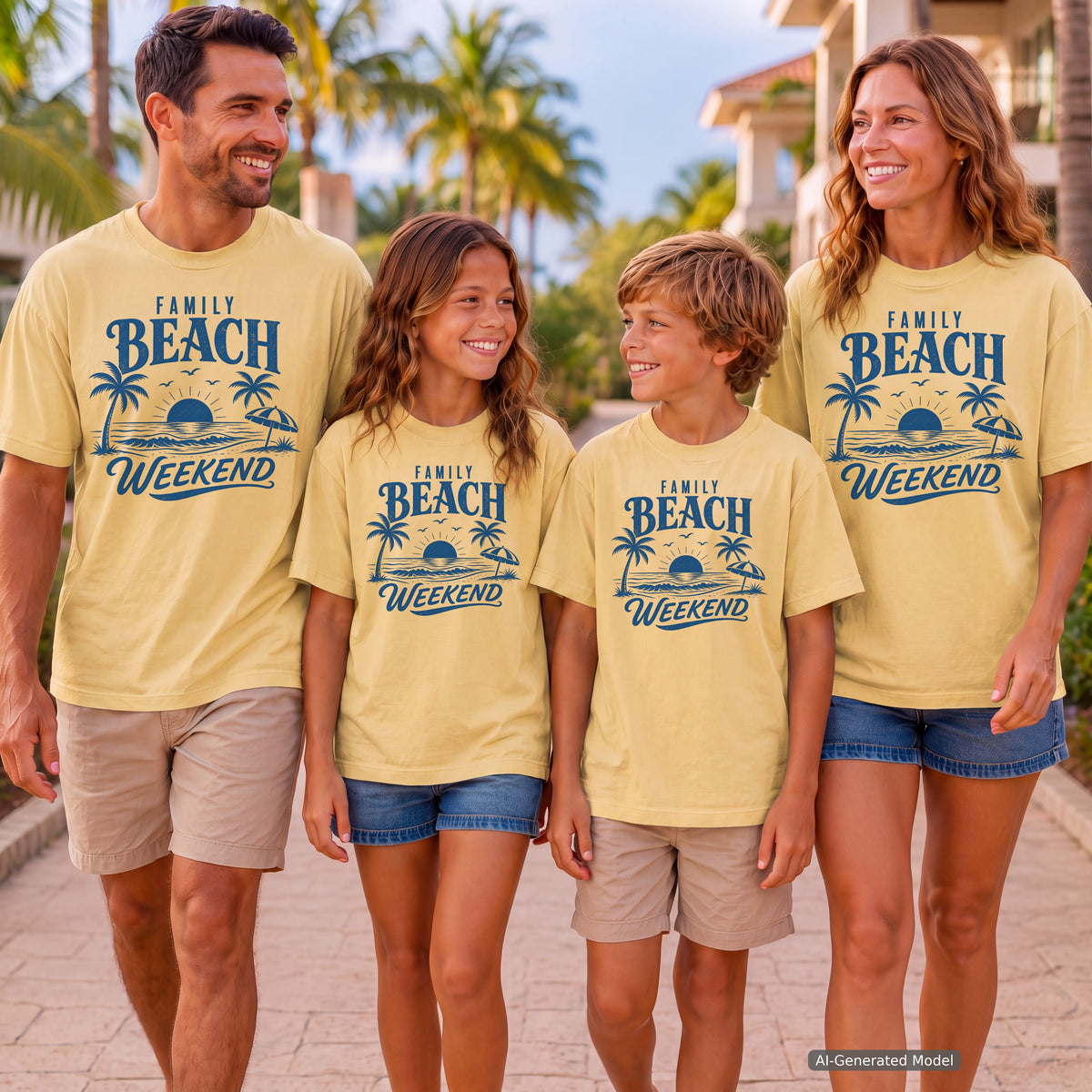 Family Beach Weekend Shirt in Butter – worn on a family trip (AI-generated model photo)