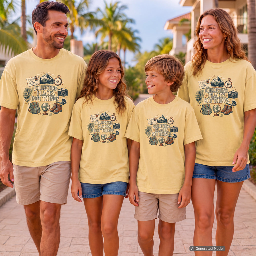 Collecting Places Not Things Youth Tee – Kids' Comfort Colors Travel Shirt in Butter – worn on a family trip (AI-generated model photo)