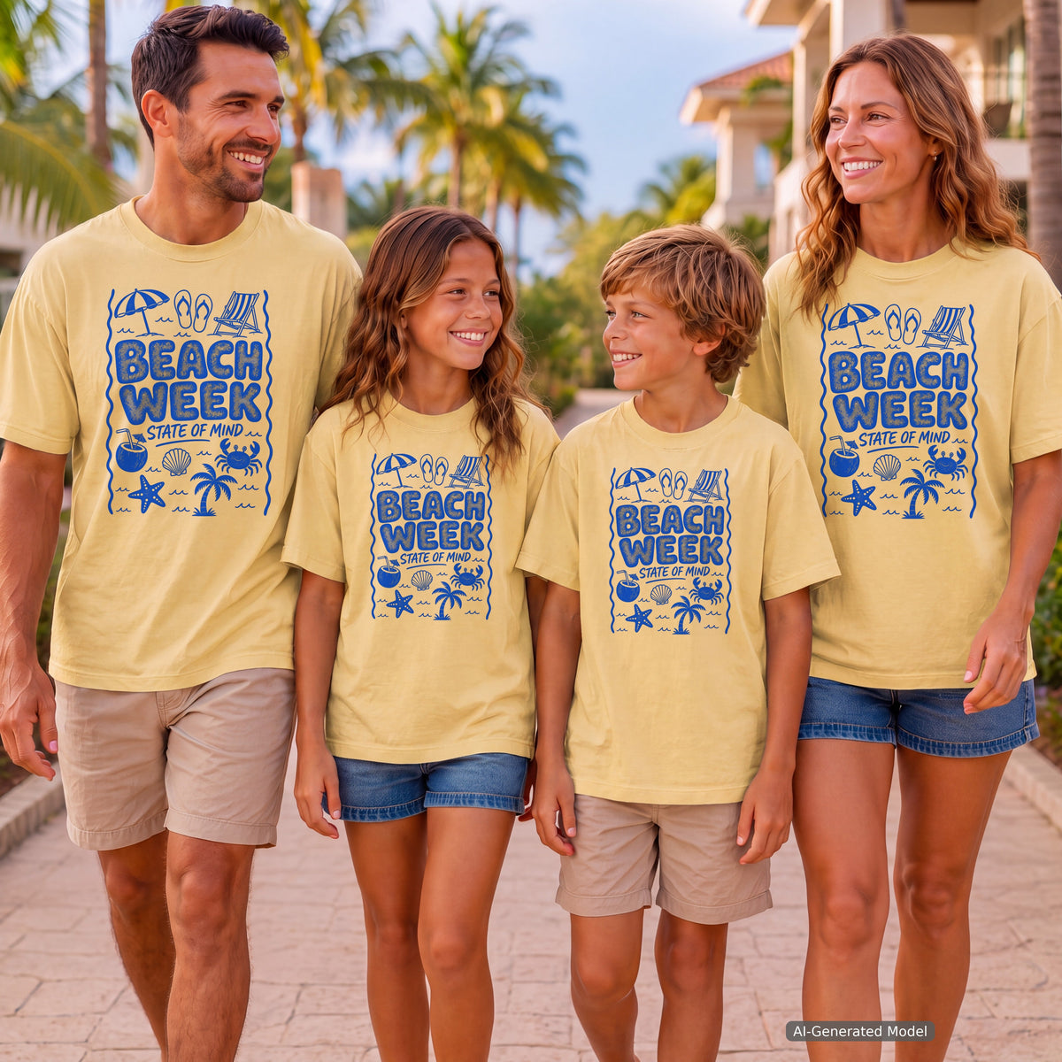 Beach Week State of Mind Youth Tee – Kids' Comfort Colors Beach Vacation Shirt in Butter – worn on a family trip (AI-generated model photo)
