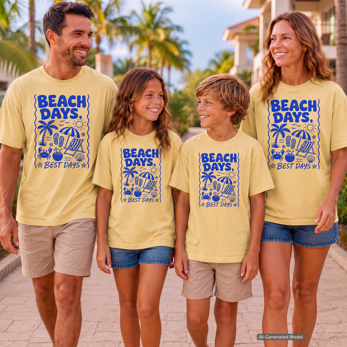 Beach Days Best Days Youth Tee – Kids' Comfort Colors Beach Vacation Shirt in Butter – worn on a family trip (AI-generated model photo)