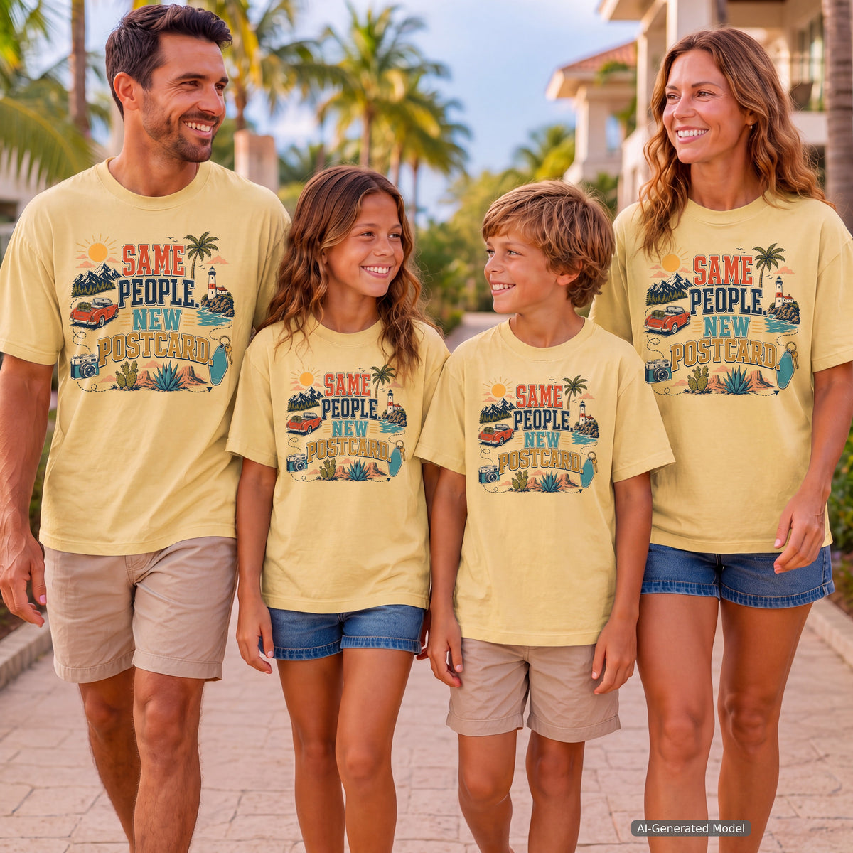 Same People New Postcard Youth Tee – Kids' Comfort Colors Road Trip Shirt in Butter – worn on a family trip (AI-generated model photo)