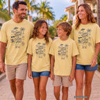 Shared Rooms and Ocean Views Girls Trip Shirt in Butter – worn on a family trip (AI-generated model photo)
