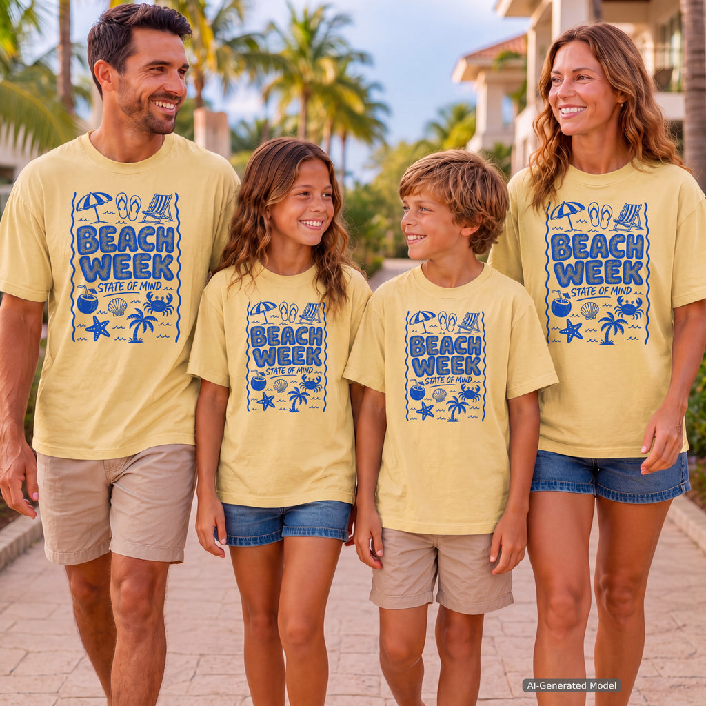 Beach Week State of Mind Beach Vacation Shirt in Butter – worn on a family trip (AI-generated model photo)