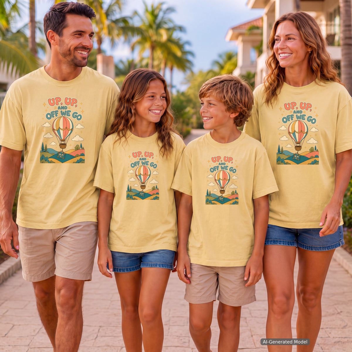 Up Up and Off We Go Youth Tee – Kids' Comfort Colors Hot Air Balloon Shirt in Butter – worn on a family trip (AI-generated model photo)