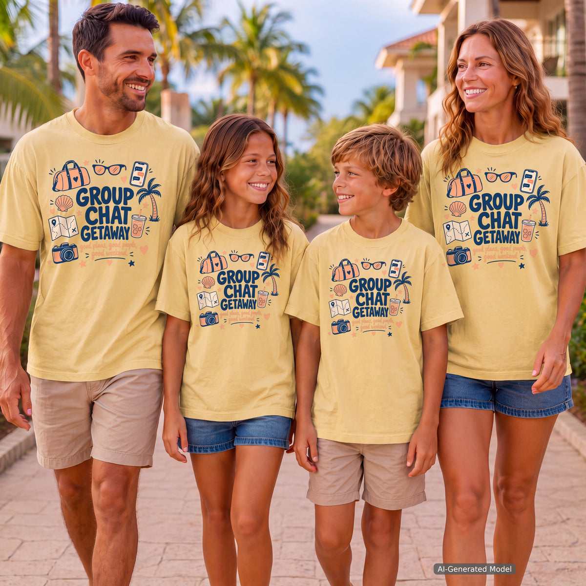 Group Chat Getaway Family Getaway Shirt in Butter – worn on a family trip (AI-generated model photo)