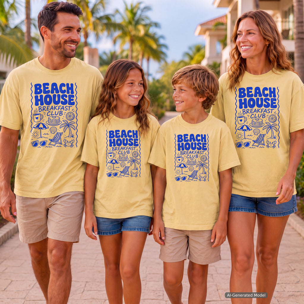 Beach House Breakfast Club Youth Tee – Kids' Comfort Colors Beach Vacation Shirt in Butter – worn on a family trip (AI-generated model photo)