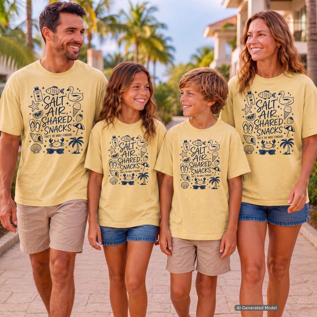 Salt Air Shared Snacks Youth Tee – Kids' Comfort Colors Beach Vacation Shirt in Butter – worn on a family trip (AI-generated model photo)